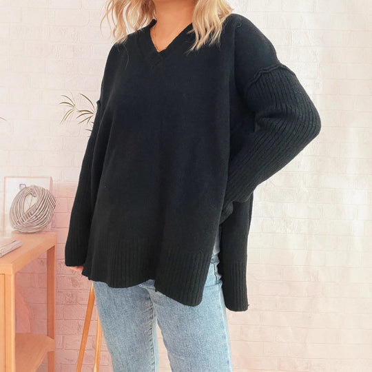 Damen lässiger V-Ausschnitt Pullover mit stylishen Rippdetails EB