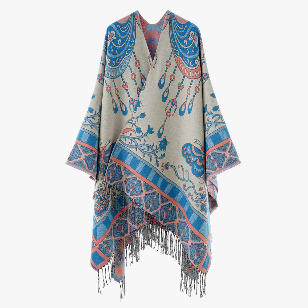 Damen Gewebter Kimono-Poncho mit Ornamentjacquard, V-Ausschnitt und Fransensaum EB