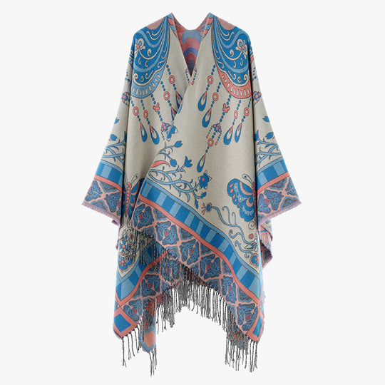 Damen Gewebter Kimono-Poncho mit Ornamentjacquard, V-Ausschnitt und Fransensaum EB