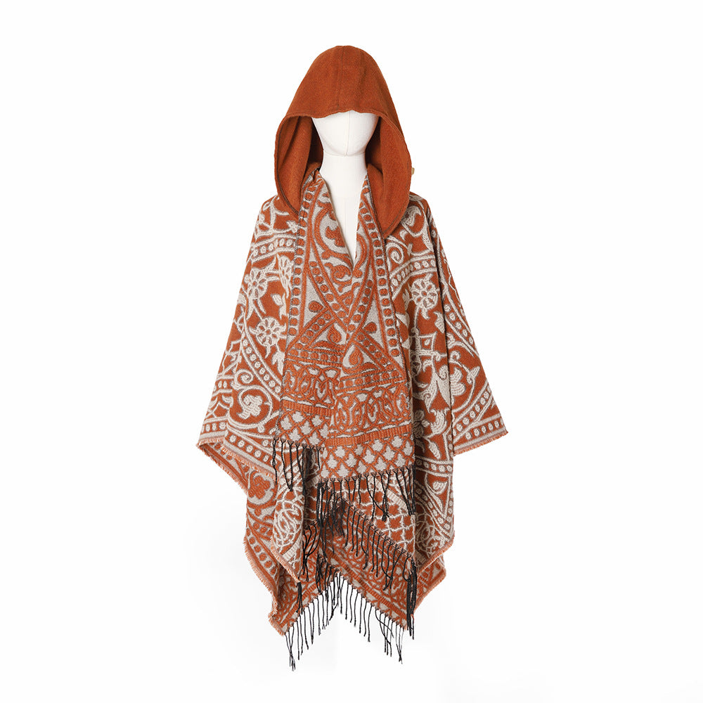Damen Kapuzen-Ruana aus Wollmix mit Ornament-Jacquard und Fransen EB