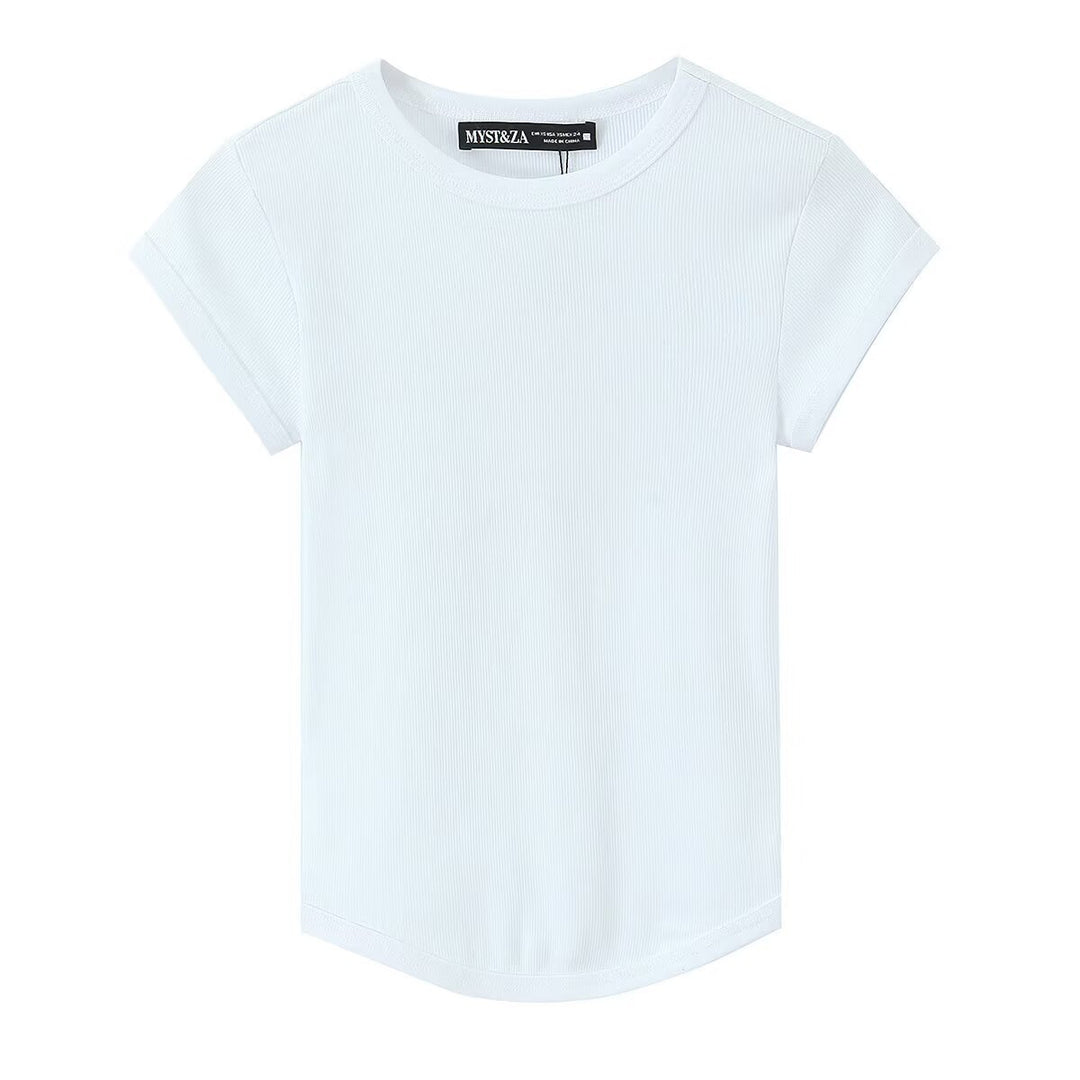 Damen hochwertiges, figurbetontes Basic-T-Shirt mit feiner Rippstruktur EB