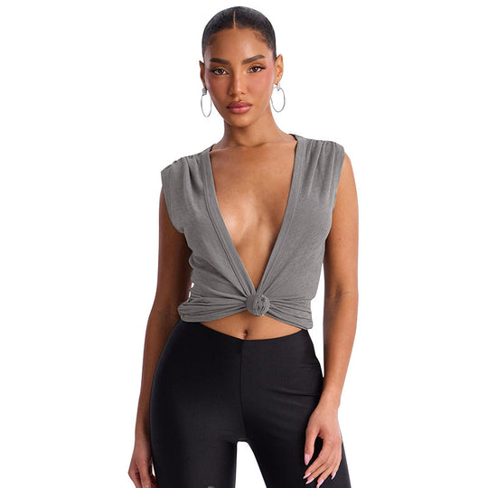 Damen Stylishes Wickeloberteil mit tiefem V-Ausschnitt und Knoten-Detail EB
