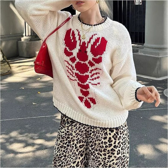 Damen Strickpullover mit maritimem Hummer-Print und lässigem Schnitt EB
