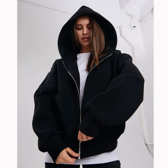 Damen nan extraweit geschnittener Zip-Hoodie mit verstärkter Kapuze, flachen Nähten und weichem Fleece-Innenfutter EB