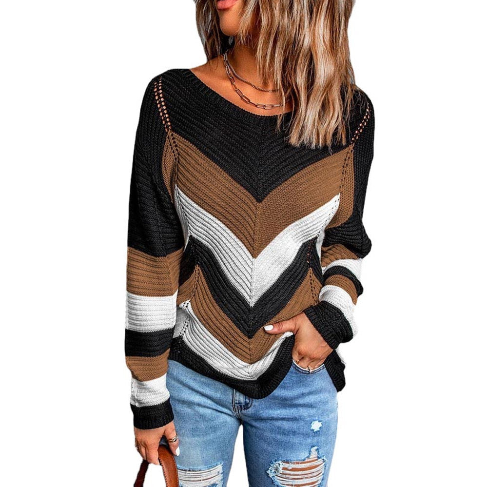 Damen Lässiger Strickpullover mit Chevron-Muster und luftigem Schnitt EB