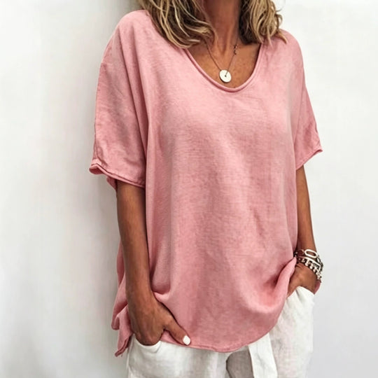 Damen nan weit geschnittenes Leinenmix-Relaxshirt mit Rundhalsausschnitt, überschnittenen Ärmeln und seitlichen Schlitzen EB
