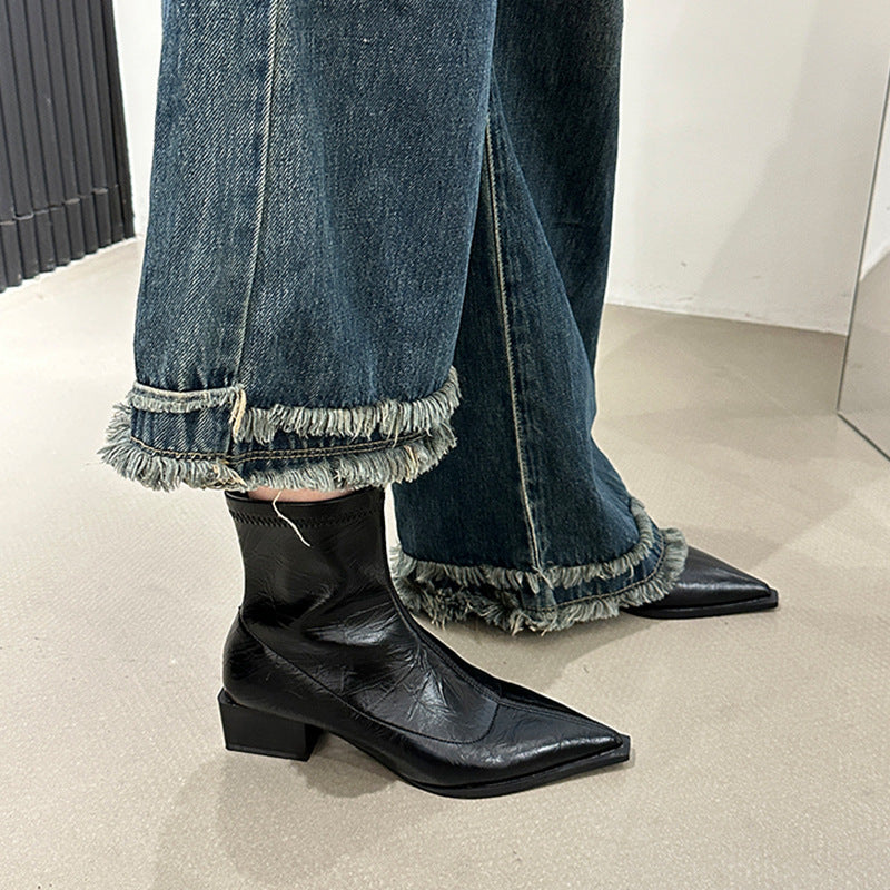 Damen elegante Stiefeletten mit spitzem Zehenbereich und Blockabsatz EB