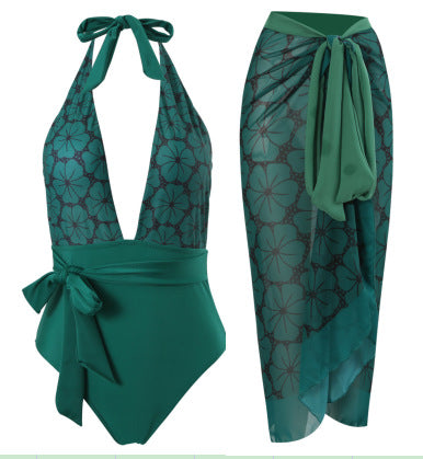 Damen eleganter Einteiler Badeanzug mit floralem Wickelrock EB