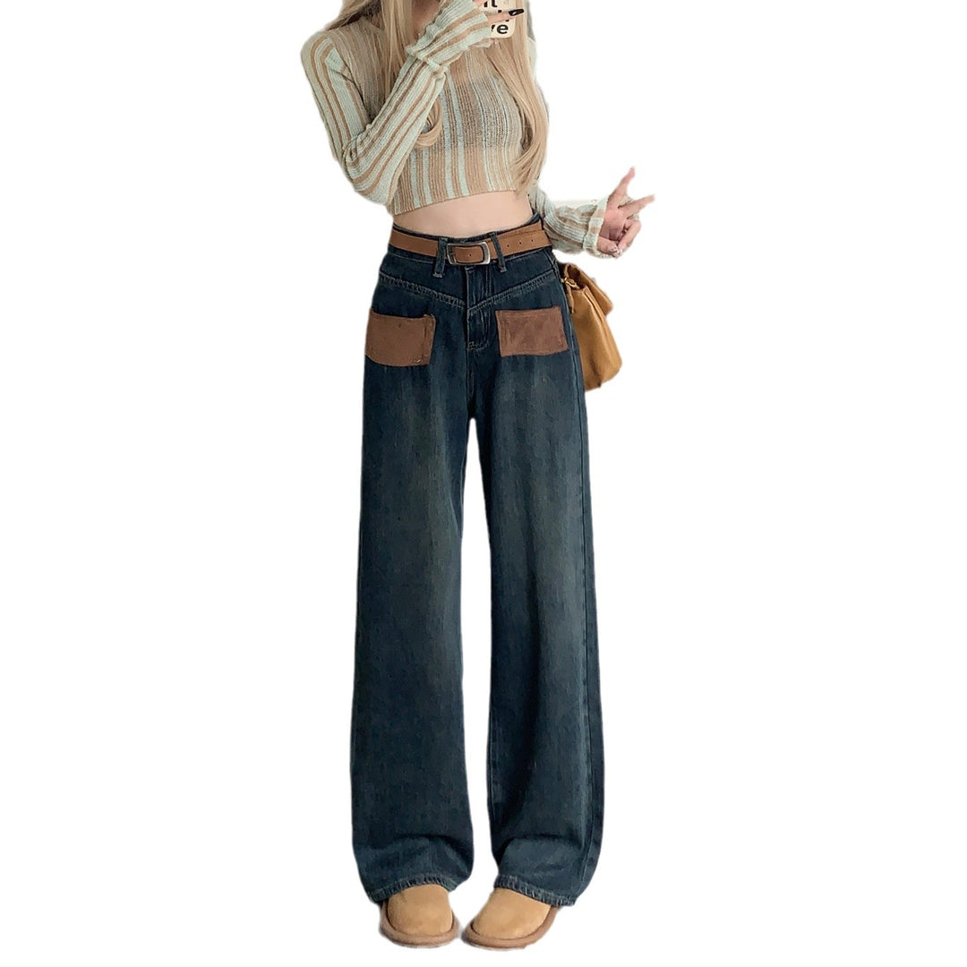 Damen Weite Jeanshose mit modischen Taschen und hohem Bund EB