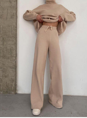 Damen elegantes Strick-Loungewear-Set mit hohem Kragen und weitem Bein EB