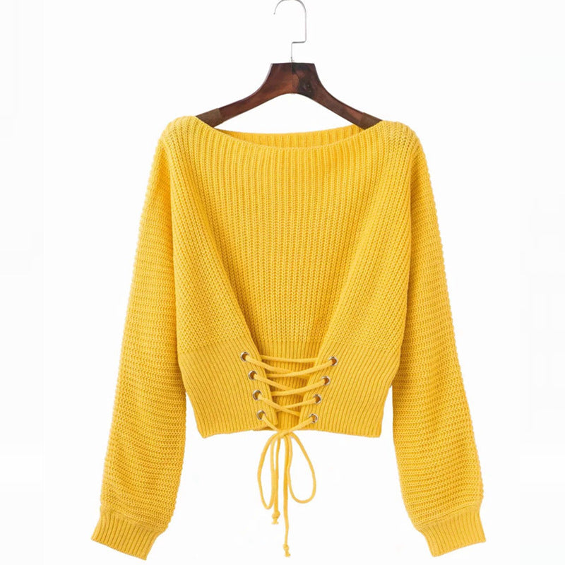 Damen Pullover mit tiefem Rückenausschnitt und dekorativen Schnürdetails EB