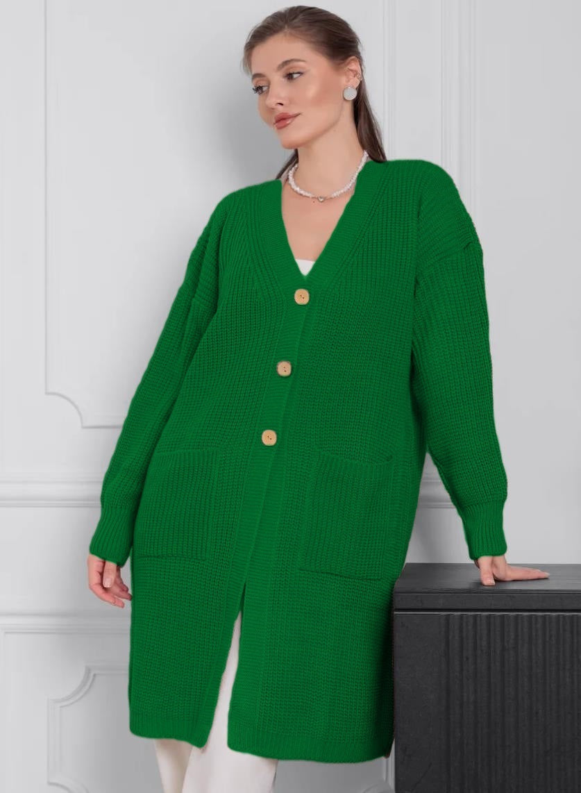 Damen Grobstrick-Cardigan mit schlichten Holzknöpfen und praktischen Taschen EB