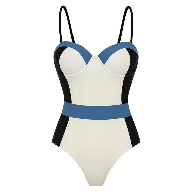 Damen High-Waist Einteiler Badeanzug mit modernem Schnitt und verspielten Farbblockelementen EB