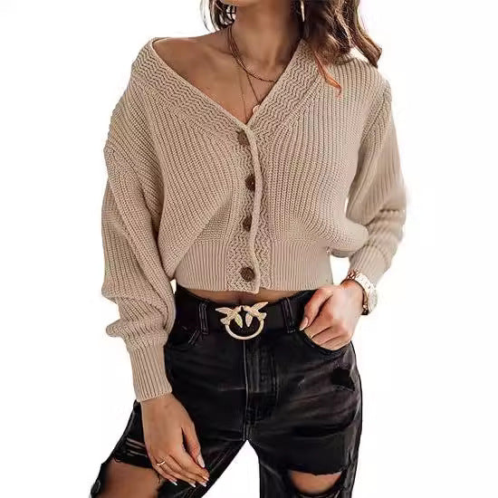Damen lässiger Strickpullover mit tiefem V-Ausschnitt und Knopfdetails EB