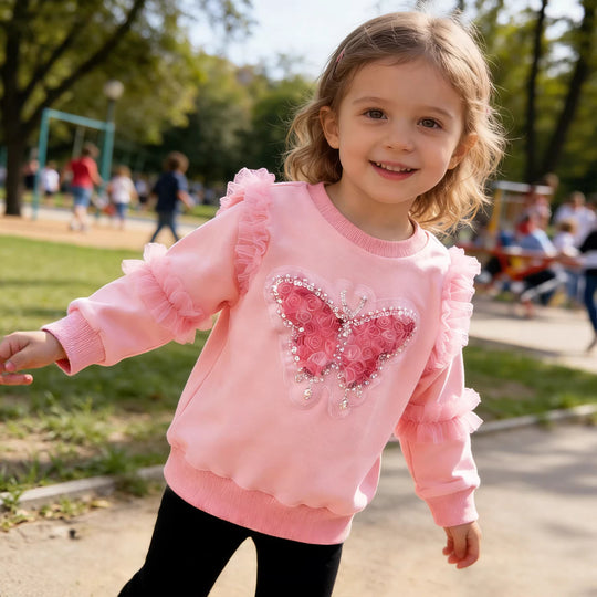 Mädchen Sweatshirt mit glänzendem Schmetterlingsmotiv und Rüschendetails EB