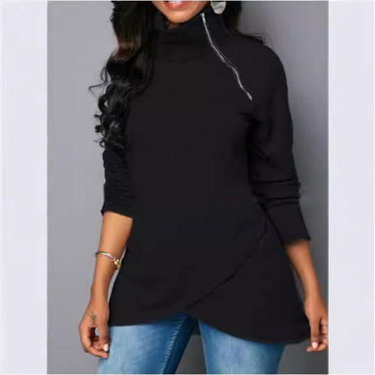 Damen Rundhals Shirt mit hoher Kragen und Reißverschluss EB