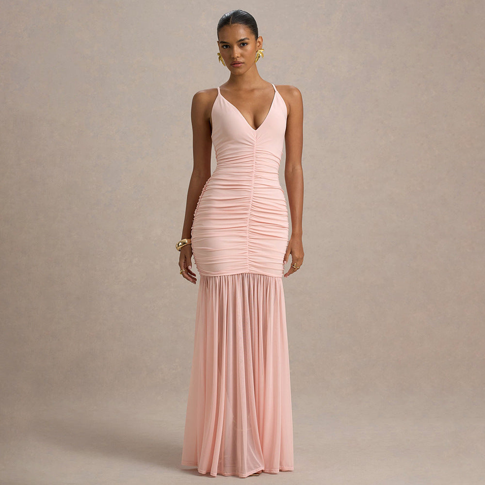 Damen Elegantes bodenlanges Kleid mit raffinierten Rüschendetails EB