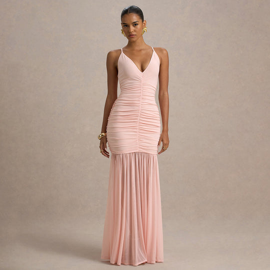 Damen Elegantes bodenlanges Kleid mit raffinierten Rüschendetails EB