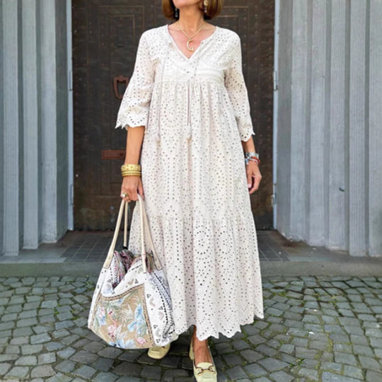 Damen Maxikleid mit femininen Rüschendetails und luftiger Baumwollstruktur Heidi-Mode