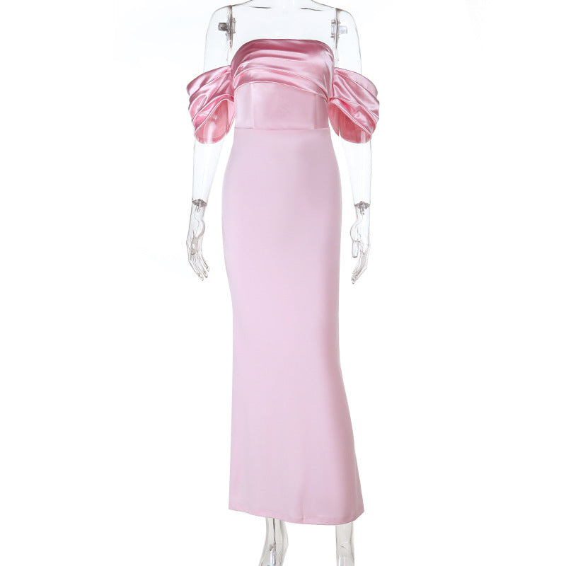 Damen schulterfreies Maxikleid mit elegantem Wickeldetail und voluminösen Puffärmeln EB
