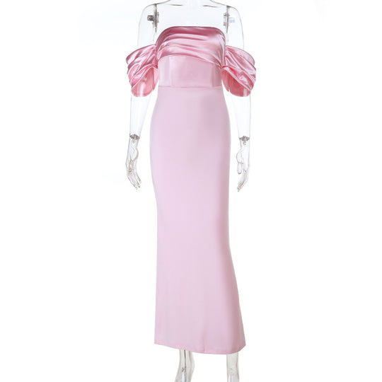 Damen schulterfreies Maxikleid mit elegantem Wickeldetail und voluminösen Puffärmeln EB