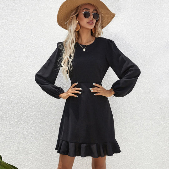 Damen elegantes Langarm-Minikleid mit Puffärmeln taillierter Empire-Passform und Volant-Saum Eichborn Berlin