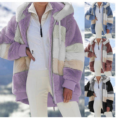 Damen Modische und warme Fleecejacke mit Kapuze und blockartigem Design EB