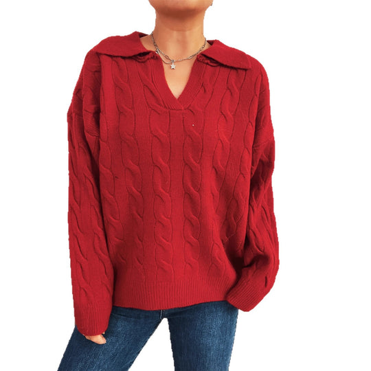 Damen Grobstrickpullover mit farbenfrohem Zopfdesign und klassischem Kragen EB