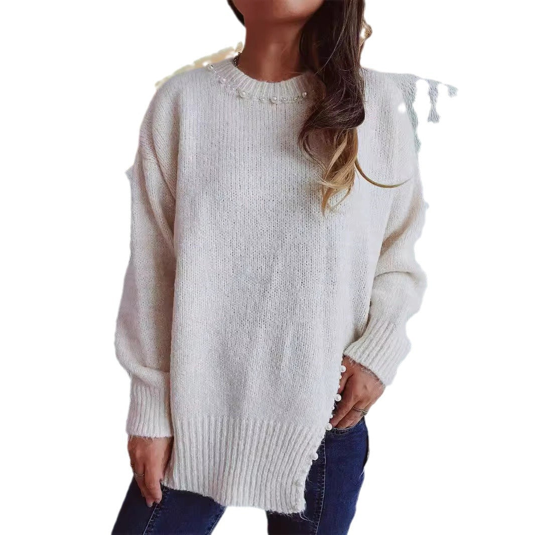Damen Grobstrickpullover mit Perlenausschnitt und asymmetrischem Saum EB