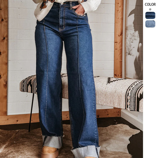 Damen weite High-Waist Jeans mit einzigartigen Kontrastnähten und lässigem Look EB
