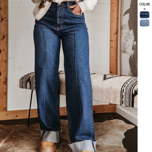 Damen weite High-Waist Jeans mit einzigartigen Kontrastnähten und lässigem Look EB