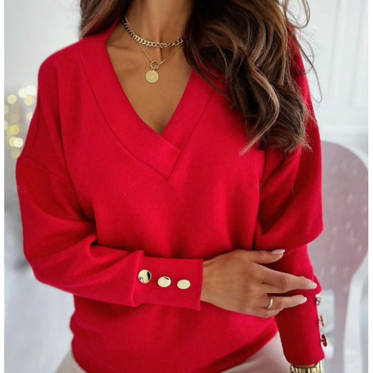 Damen lässiger V-Ausschnitt Pullover aus weichem Baumwollmix EB