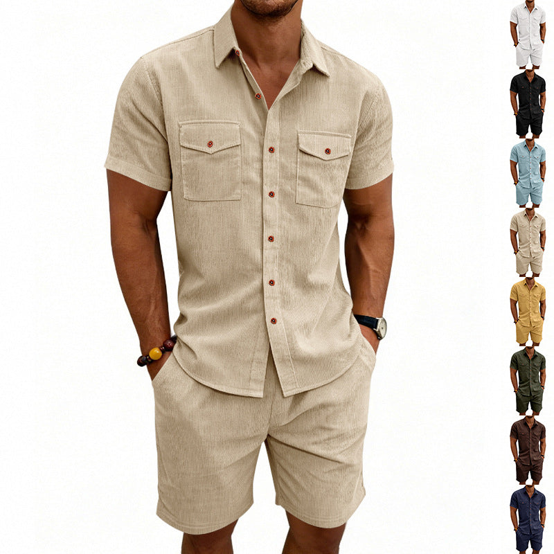 Herren nan strukturiertes Cord-Freizeitset mit Camp-Kragen-Hemd und lässigen Shorts EB