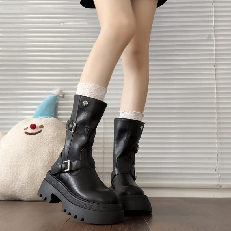 Damen modische kniehohe Stiefel mit verstellbarem Riemendesign und robustem Profil EB