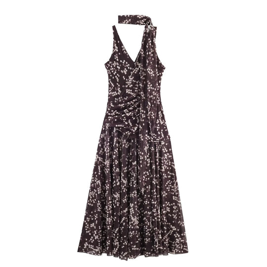 Damen Maxikleid mit floralem Rüschenversatz und elegantem V-Ausschnitt EB