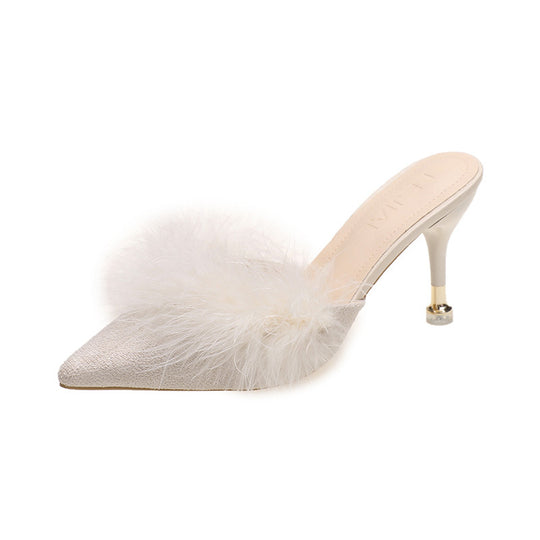 Damen Elegante Mules mit luxuriösen Federn und schickem Absatz EB