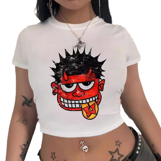 Damen Crop-T-Shirt mit kreativem Comic-Motiv EB
