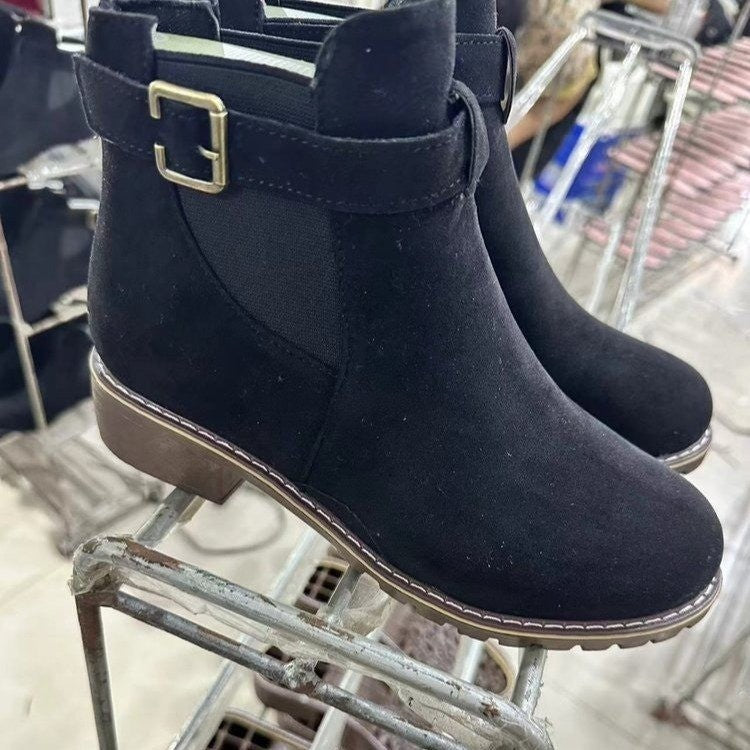 Damen Wildleder-Optik Chelsea-Stiefelette mit dekorativem Schnallenriemen, elastischem Einsatz und grober Profilsohle EB