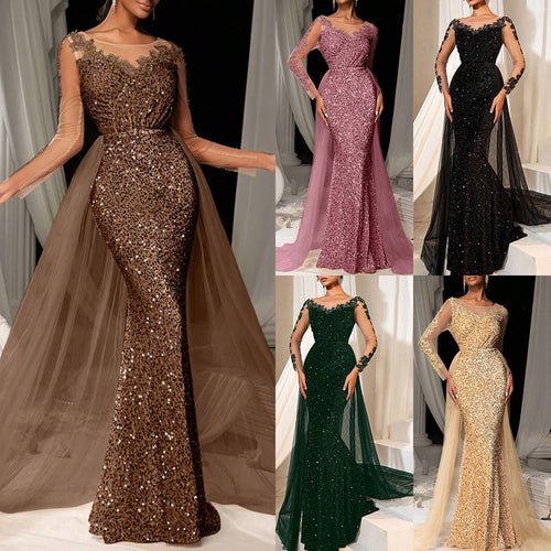 Damen Glamouröses Abendkleid mit schimmerndem Spitzenoberteil und fließendem Tüllumhang EB