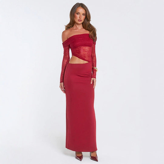 Damen elegantes Off-Shoulder-Maxikleid mit asymmetrischem Schnitt und transparenter Spitze EB