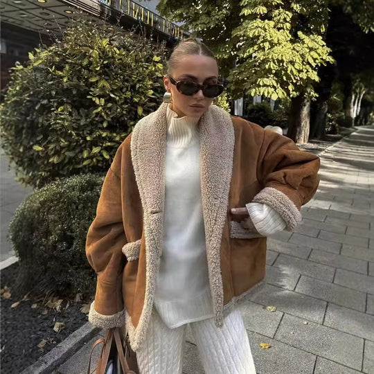 Damen kuschelige Übergangsjacke mit weichem Innenfutter und modischem Revers EB