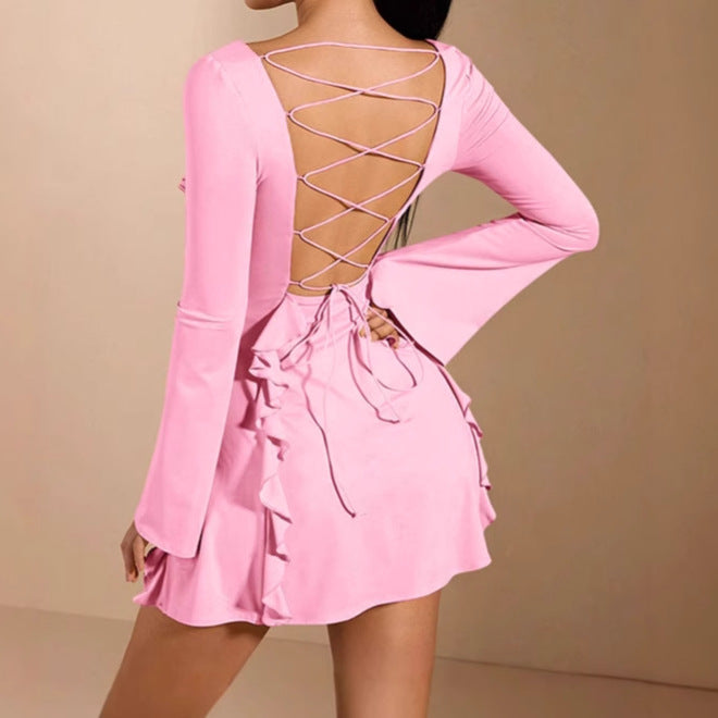 Damen elegantes Rüschenkleid mit tiefem Ausschnitt und langen Ärmeln EB