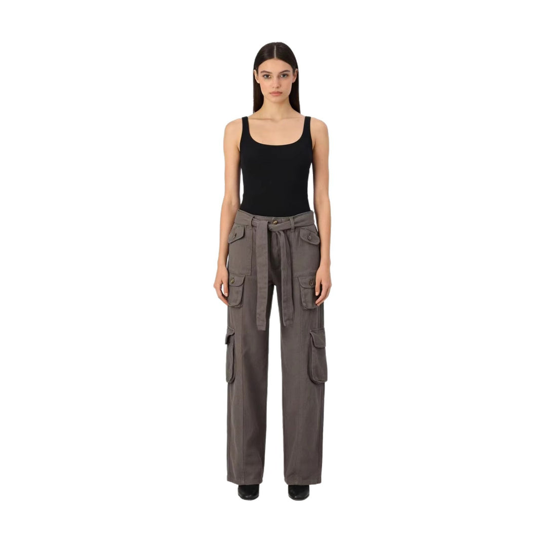 Damen nan weite Cargo-Hose mit hoher Taille, Bindegürtel und mehreren aufgesetzten Klappentaschen EB