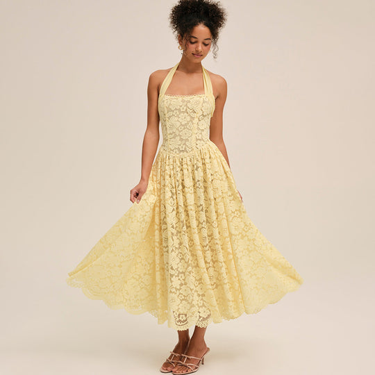 Damen Elegant Spitzenkleid mit geflochtenem Träger EB