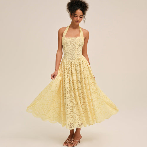 Damen Elegant Spitzenkleid mit geflochtenem Träger EB