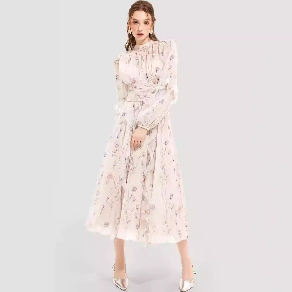 Damen Midi-Kleid mit floralen Stickereien und elegantem Rüschensaum EB