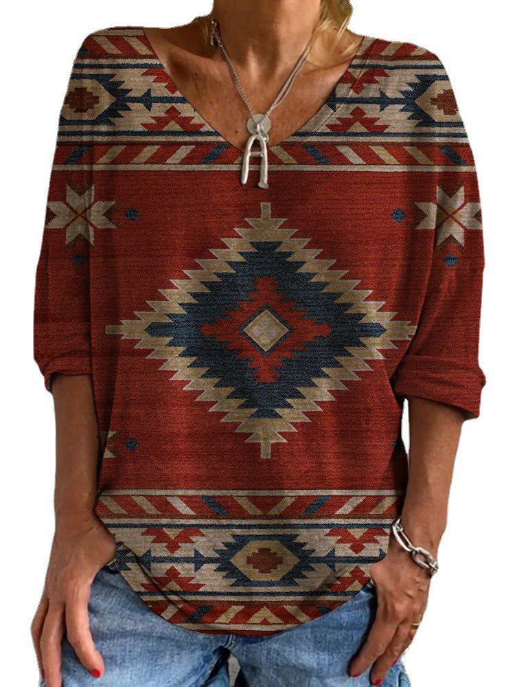 Damen Aztekisch gemustertes Oversize-Tunika-Top mit V-Ausschnitt und dreiviertel-Ärmeln EB