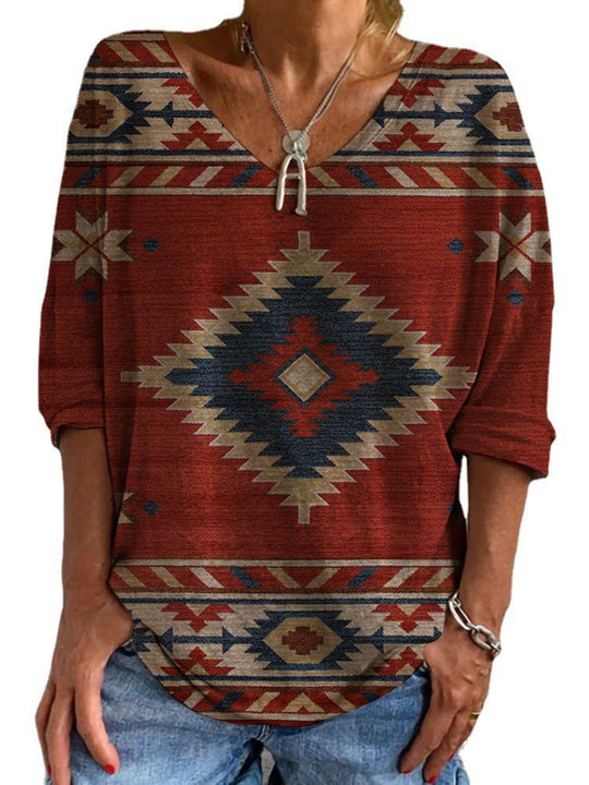 Damen Aztekisch gemustertes Oversize-Tunika-Top mit V-Ausschnitt und dreiviertel-Ärmeln EB
