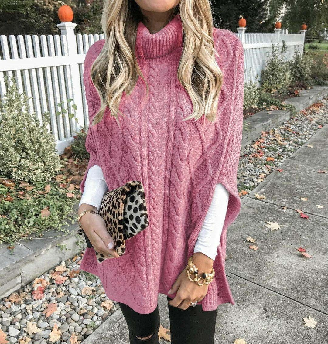 Damen Strickponcho mit hochschließendem Kragen und klassischem Kabelmuster EB