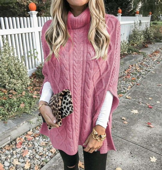 Damen Strickponcho mit hochschließendem Kragen und klassischem Kabelmuster EB